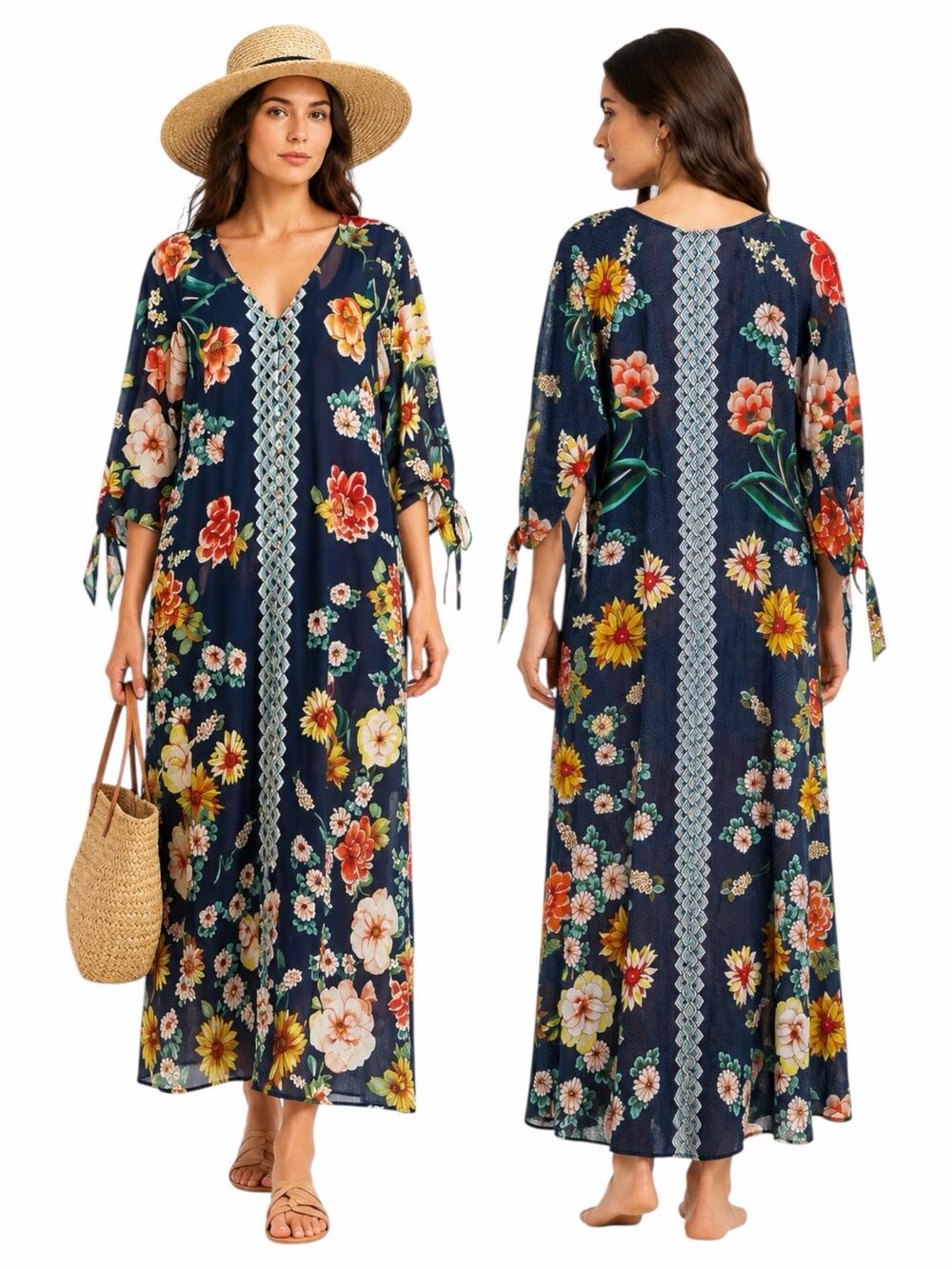 Johnny Was Mia Floral Border Long Dress Silk Blend Semi Sheer Size XS